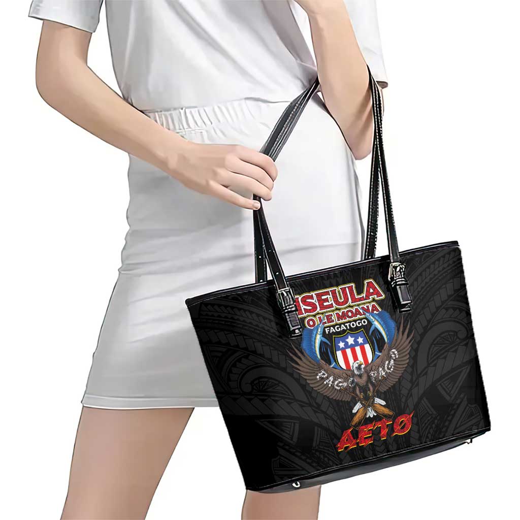 American Samoa Fautasi Leather Tote Bag Pago Pago Aeto and Iseula o le Moana of Fagatogo Black Color - Polynesian Pride