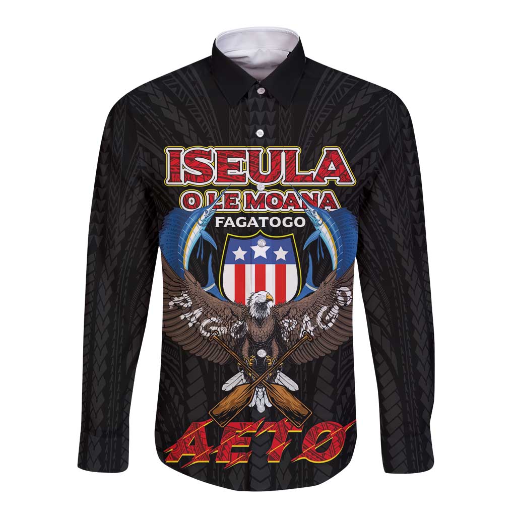 American Samoa Fautasi Long Sleeve Button Shirt Pago Pago Aeto and Iseula o le Moana of Fagatogo Black Color LT03 Unisex Black - Polynesian Pride