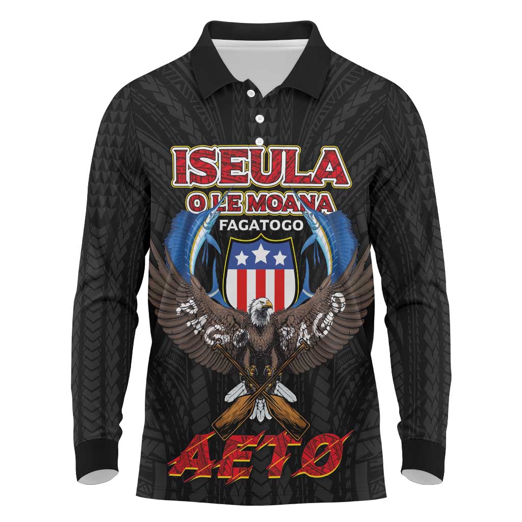 American Samoa Fautasi Long Sleeve Polo Shirt Pago Pago Aeto and Iseula o le Moana of Fagatogo Black Color LT03 Black - Polynesian Pride
