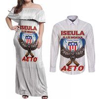 American Samoa Fautasi Couples Matching Off Shoulder Maxi Dress and Long Sleeve Button Shirt Pago Pago Aeto and Iseula o le Moana of Fagatogo White Color - Polynesian Pride