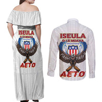 American Samoa Fautasi Couples Matching Off Shoulder Maxi Dress and Long Sleeve Button Shirt Pago Pago Aeto and Iseula o le Moana of Fagatogo White Color - Polynesian Pride