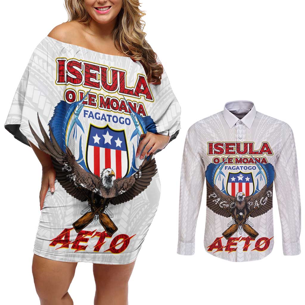 American Samoa Fautasi Couples Matching Off Shoulder Short Dress and Long Sleeve Button Shirt Pago Pago Aeto and Iseula o le Moana of Fagatogo White Color - Polynesian Pride