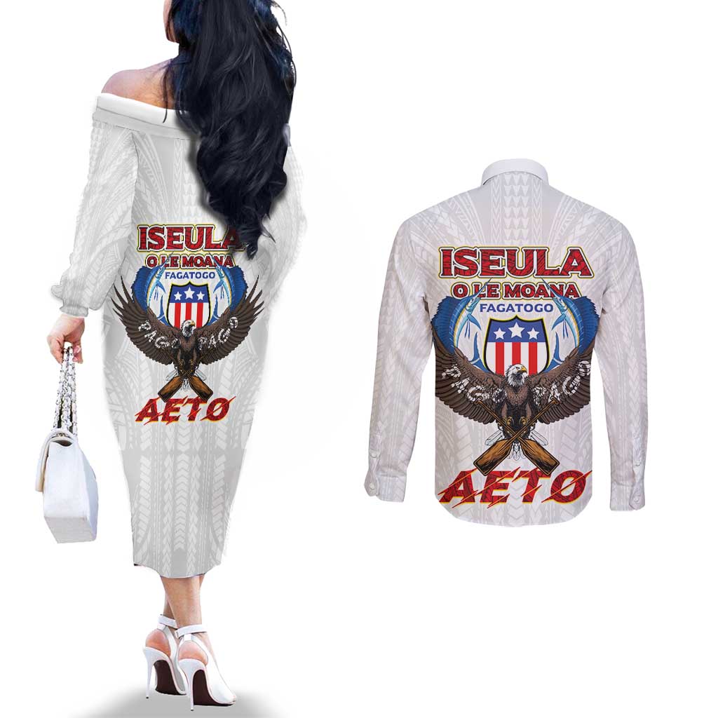 American Samoa Fautasi Couples Matching Off The Shoulder Long Sleeve Dress and Long Sleeve Button Shirt Pago Pago Aeto and Iseula o le Moana of Fagatogo White Color - Polynesian Pride