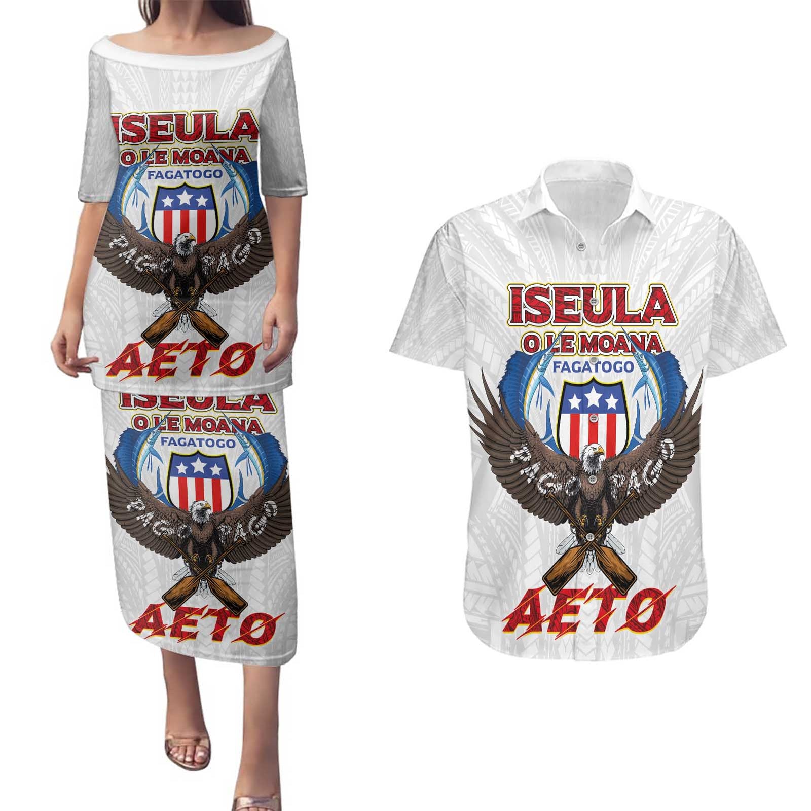 American Samoa Fautasi Couples Matching Puletasi and Hawaiian Shirt Pago Pago Aeto and Iseula o le Moana of Fagatogo White Color LT03 White - Polynesian Pride