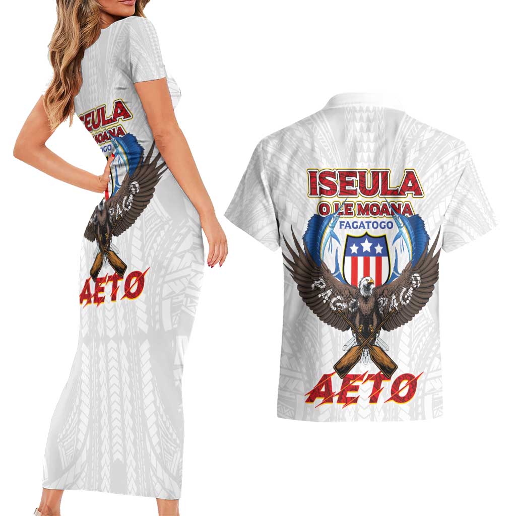 American Samoa Fautasi Couples Matching Short Sleeve Bodycon Dress and Hawaiian Shirt Pago Pago Aeto and Iseula o le Moana of Fagatogo White Color - Polynesian Pride