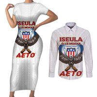 American Samoa Fautasi Couples Matching Short Sleeve Bodycon Dress and Long Sleeve Button Shirt Pago Pago Aeto and Iseula o le Moana of Fagatogo White Color - Polynesian Pride