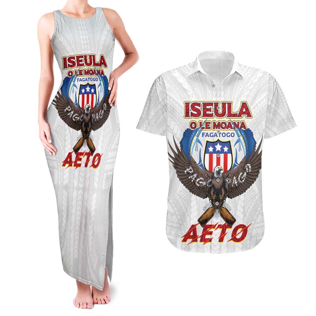 American Samoa Fautasi Couples Matching Tank Maxi Dress and Hawaiian Shirt Pago Pago Aeto and Iseula o le Moana of Fagatogo White Color - Polynesian Pride