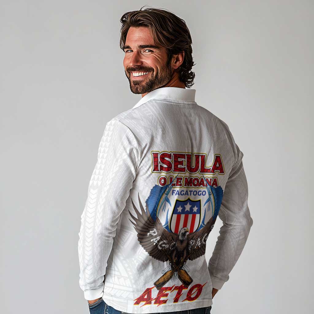American Samoa Fautasi Long Sleeve Polo Shirt Pago Pago Aeto and Iseula o le Moana of Fagatogo White Color - Polynesian Pride