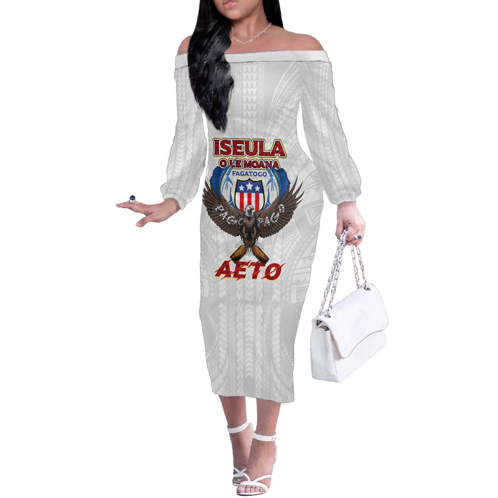 American Samoa Fautasi Off The Shoulder Long Sleeve Dress Pago Pago Aeto and Iseula o le Moana of Fagatogo White Color - Polynesian Pride