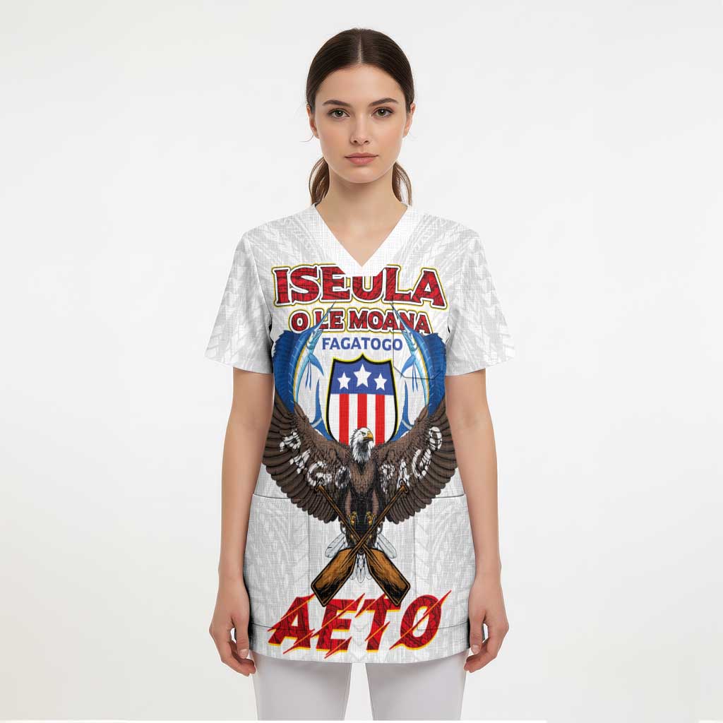 American Samoa Fautasi Scrub Top Pago Pago Aeto and Iseula o le Moana of Fagatogo White Color - Polynesian Pride