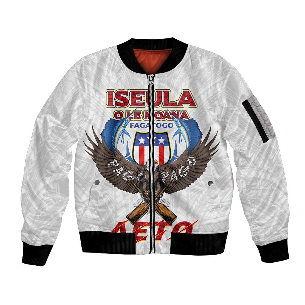 American Samoa Fautasi Sleeve Zip Bomber Jacket Pago Pago Aeto and Iseula o le Moana of Fagatogo White Color LT03 Unisex White - Polynesian Pride