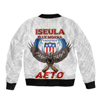 American Samoa Fautasi Sleeve Zip Bomber Jacket Pago Pago Aeto and Iseula o le Moana of Fagatogo White Color - Polynesian Pride