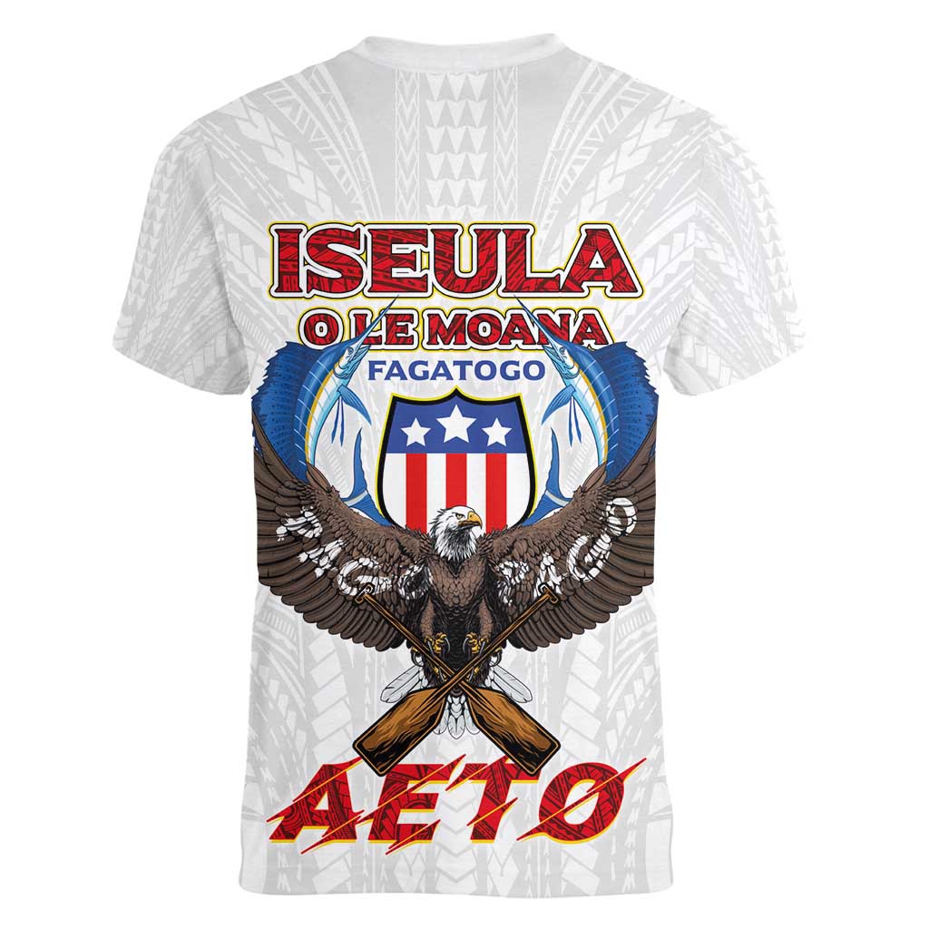 American Samoa Fautasi Women V-Neck T-Shirt Pago Pago Aeto and Iseula o le Moana of Fagatogo White Color - Polynesian Pride