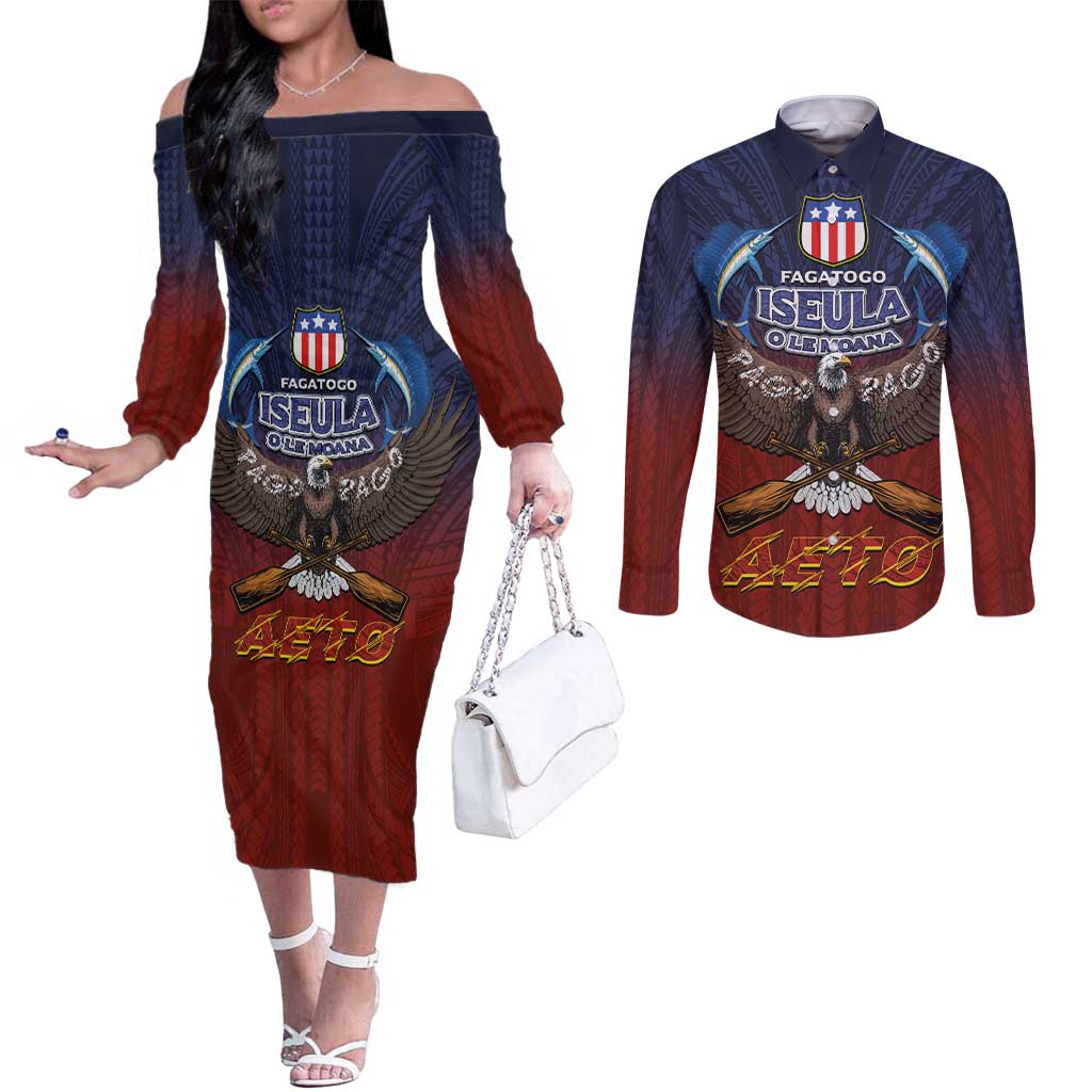 American Samoa Fautasi Couples Matching Off The Shoulder Long Sleeve Dress and Long Sleeve Button Shirt Pago Pago Aeto and Iseula o le Moana of Fagatogo Red-Blue LT03 Blue - Polynesian Pride