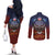 American Samoa Fautasi Couples Matching Off The Shoulder Long Sleeve Dress and Long Sleeve Button Shirt Pago Pago Aeto and Iseula o le Moana of Fagatogo Red-Blue - Polynesian Pride