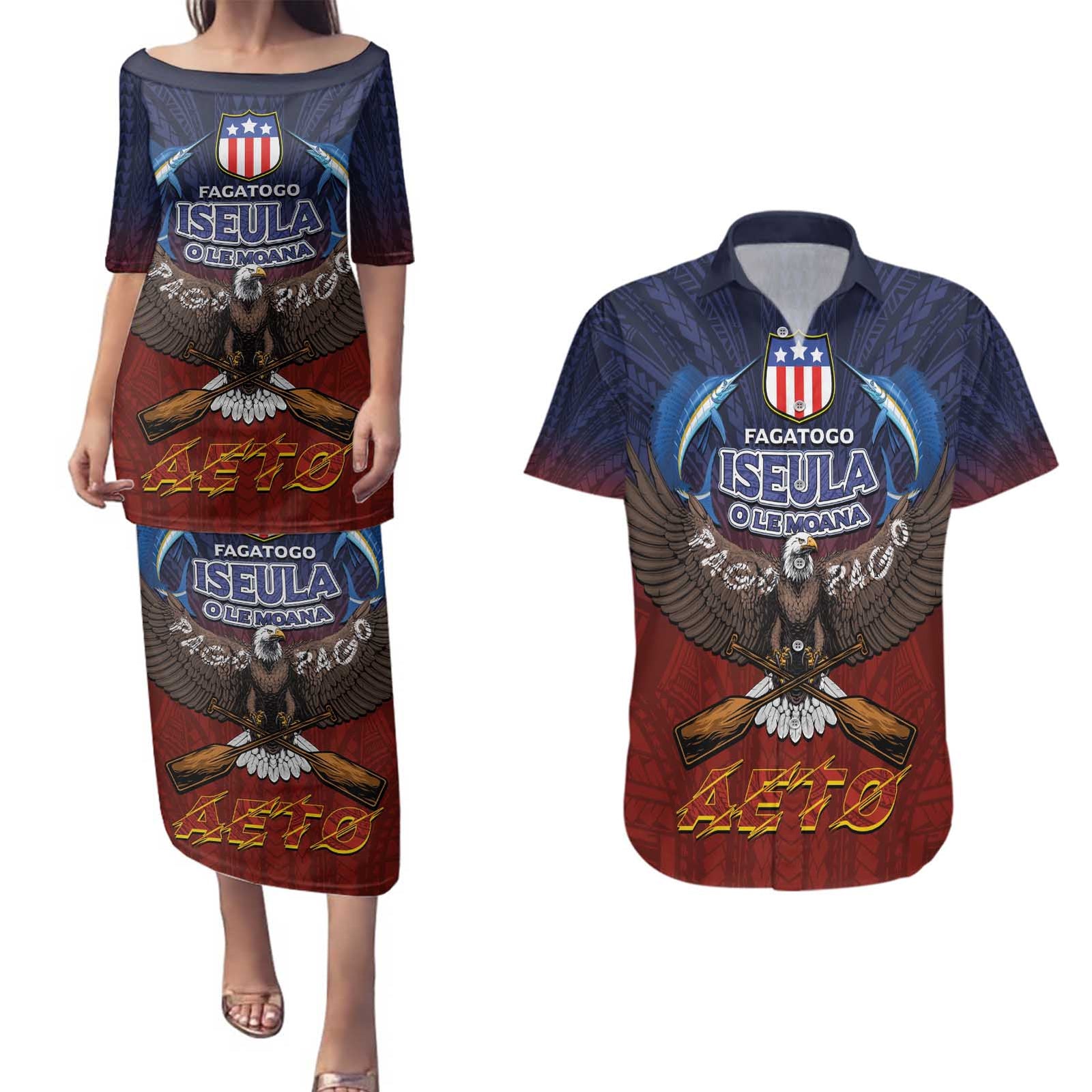 American Samoa Fautasi Couples Matching Puletasi and Hawaiian Shirt Pago Pago Aeto and Iseula o le Moana of Fagatogo Red-Blue LT03 Blue - Polynesian Pride