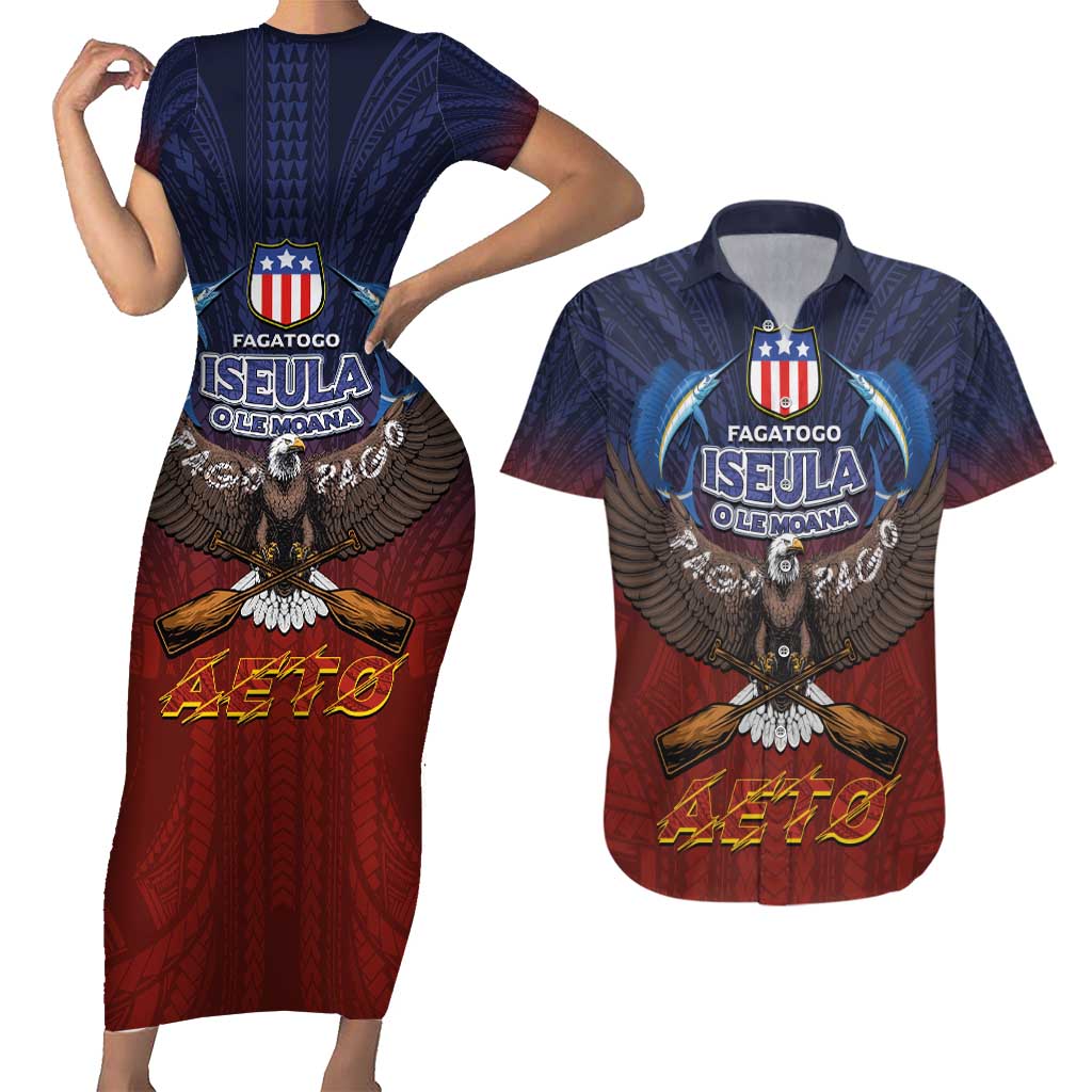 American Samoa Fautasi Couples Matching Short Sleeve Bodycon Dress and Hawaiian Shirt Pago Pago Aeto and Iseula o le Moana of Fagatogo Red-Blue - Polynesian Pride