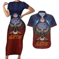 American Samoa Fautasi Couples Matching Short Sleeve Bodycon Dress and Hawaiian Shirt Pago Pago Aeto and Iseula o le Moana of Fagatogo Red-Blue - Polynesian Pride