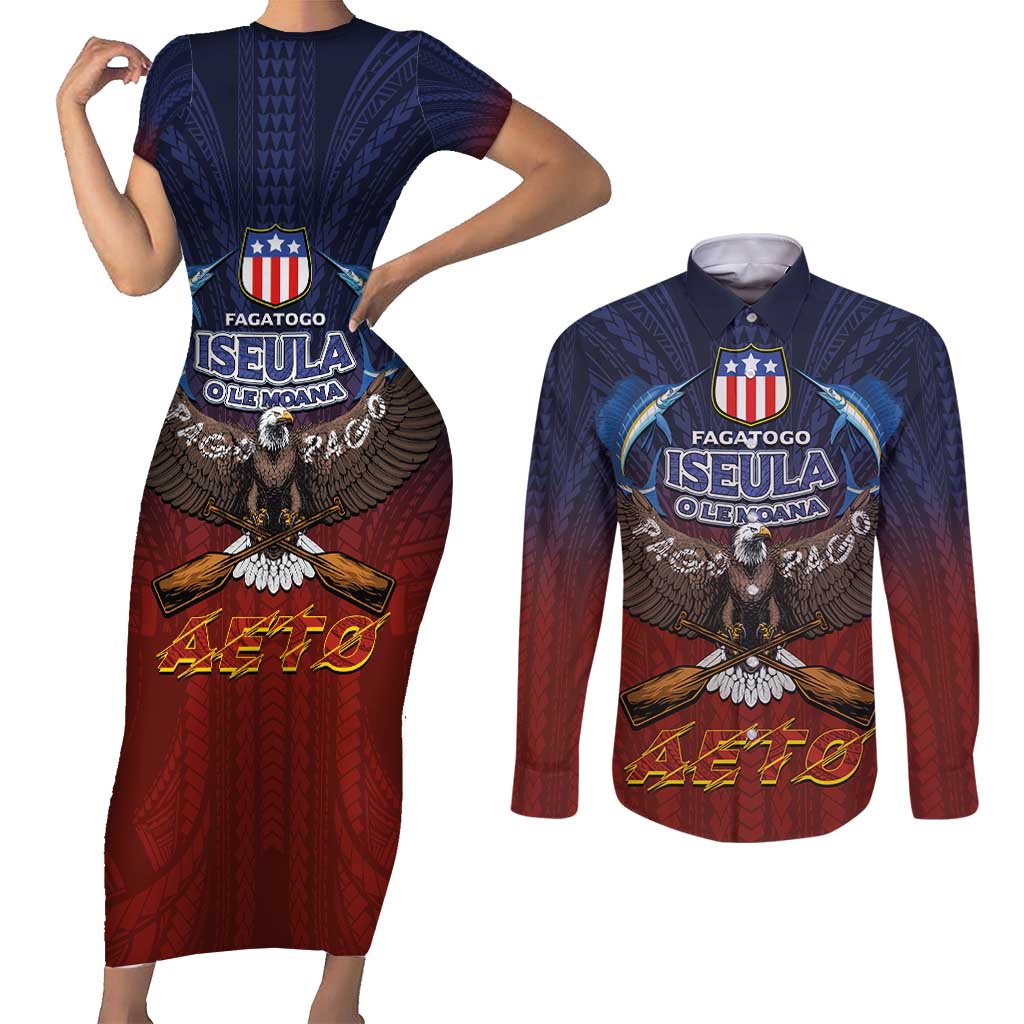 American Samoa Fautasi Couples Matching Short Sleeve Bodycon Dress and Long Sleeve Button Shirt Pago Pago Aeto and Iseula o le Moana of Fagatogo Red-Blue - Polynesian Pride