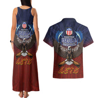 American Samoa Fautasi Couples Matching Tank Maxi Dress and Hawaiian Shirt Pago Pago Aeto and Iseula o le Moana of Fagatogo Red-Blue - Polynesian Pride