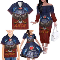 American Samoa Fautasi Family Matching Off The Shoulder Long Sleeve Dress and Hawaiian Shirt Pago Pago Aeto and Iseula o le Moana of Fagatogo Red-Blue - Polynesian Pride