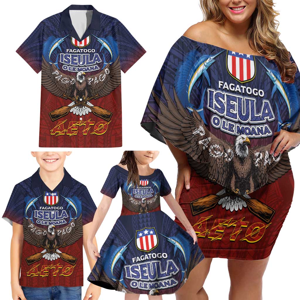 American Samoa Fautasi Family Matching Off Shoulder Short Dress and Hawaiian Shirt Pago Pago Aeto and Iseula o le Moana of Fagatogo Red-Blue - Polynesian Pride