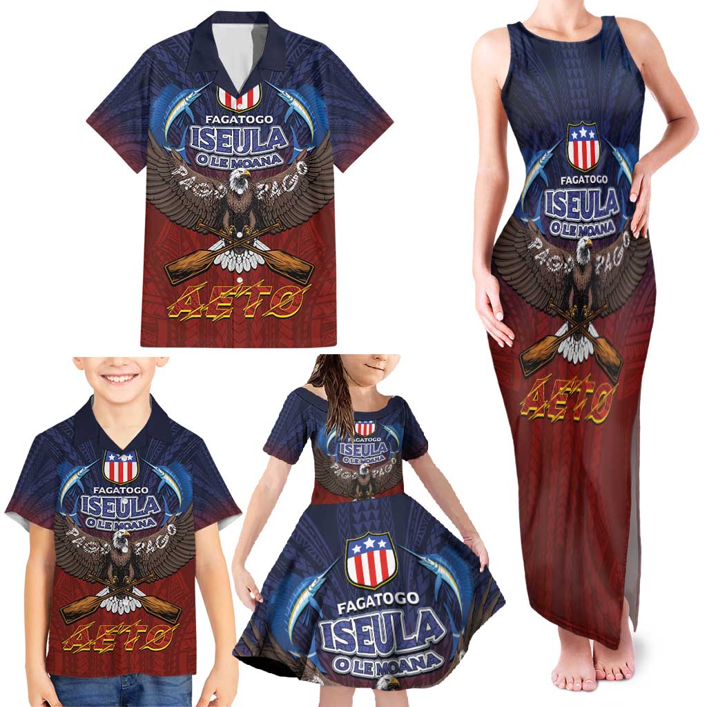 American Samoa Fautasi Family Matching Tank Maxi Dress and Hawaiian Shirt Pago Pago Aeto and Iseula o le Moana of Fagatogo Red-Blue - Polynesian Pride