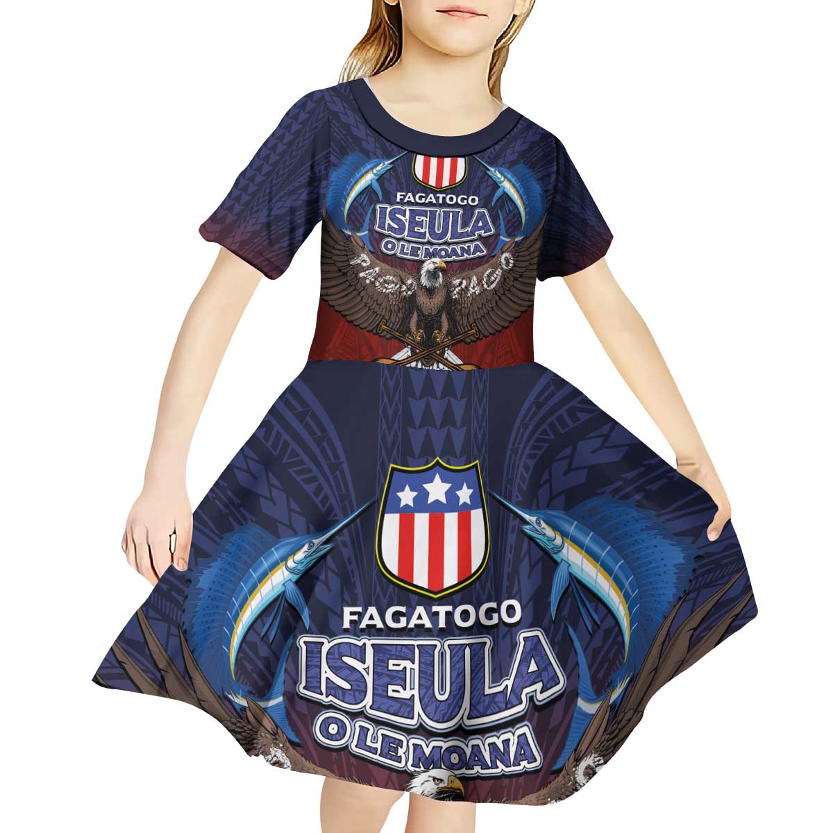 American Samoa Fautasi Kid Short Sleeve Dress Pago Pago Aeto and Iseula o le Moana of Fagatogo Red-Blue - Polynesian Pride
