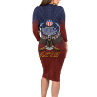 American Samoa Fautasi Long Sleeve Bodycon Dress Pago Pago Aeto and Iseula o le Moana of Fagatogo Red-Blue - Polynesian Pride