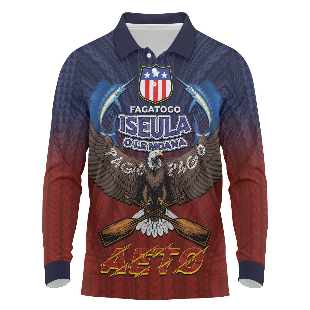 American Samoa Fautasi Long Sleeve Polo Shirt Pago Pago Aeto and Iseula o le Moana of Fagatogo Red-Blue LT03 Blue - Polynesian Pride