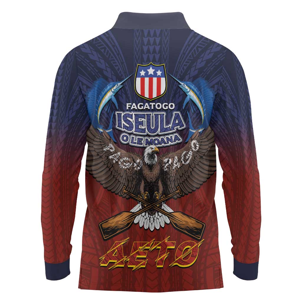 American Samoa Fautasi Long Sleeve Polo Shirt Pago Pago Aeto and Iseula o le Moana of Fagatogo Red-Blue - Polynesian Pride