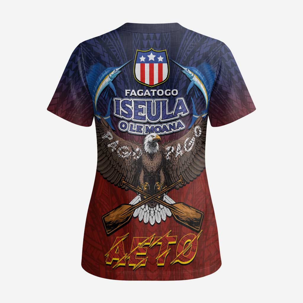 American Samoa Fautasi Scrub Top Pago Pago Aeto and Iseula o le Moana of Fagatogo Red-Blue - Polynesian Pride