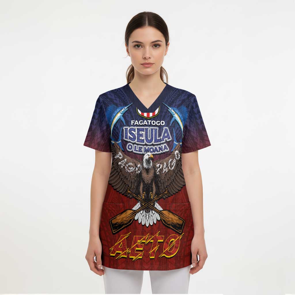 American Samoa Fautasi Scrub Top Pago Pago Aeto and Iseula o le Moana of Fagatogo Red-Blue - Polynesian Pride