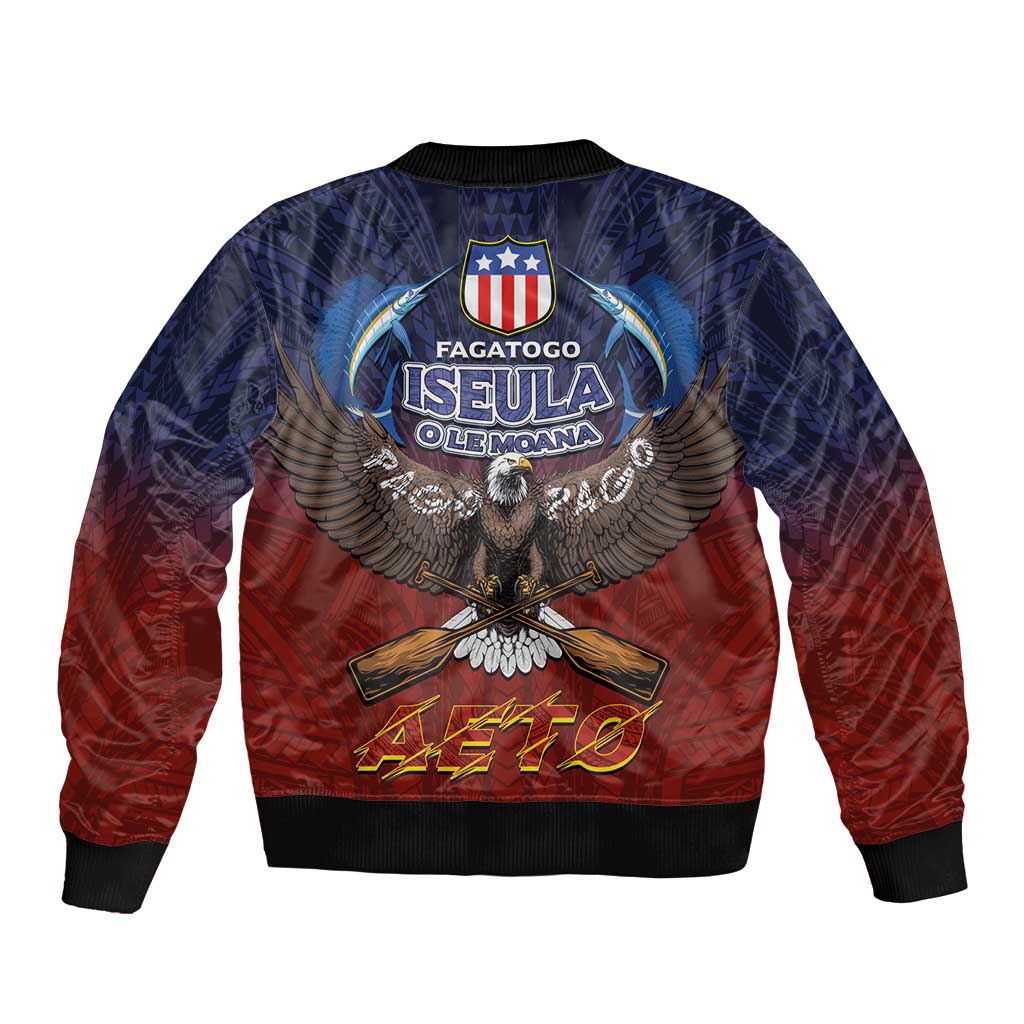 American Samoa Fautasi Sleeve Zip Bomber Jacket Pago Pago Aeto and Iseula o le Moana of Fagatogo Red-Blue - Polynesian Pride