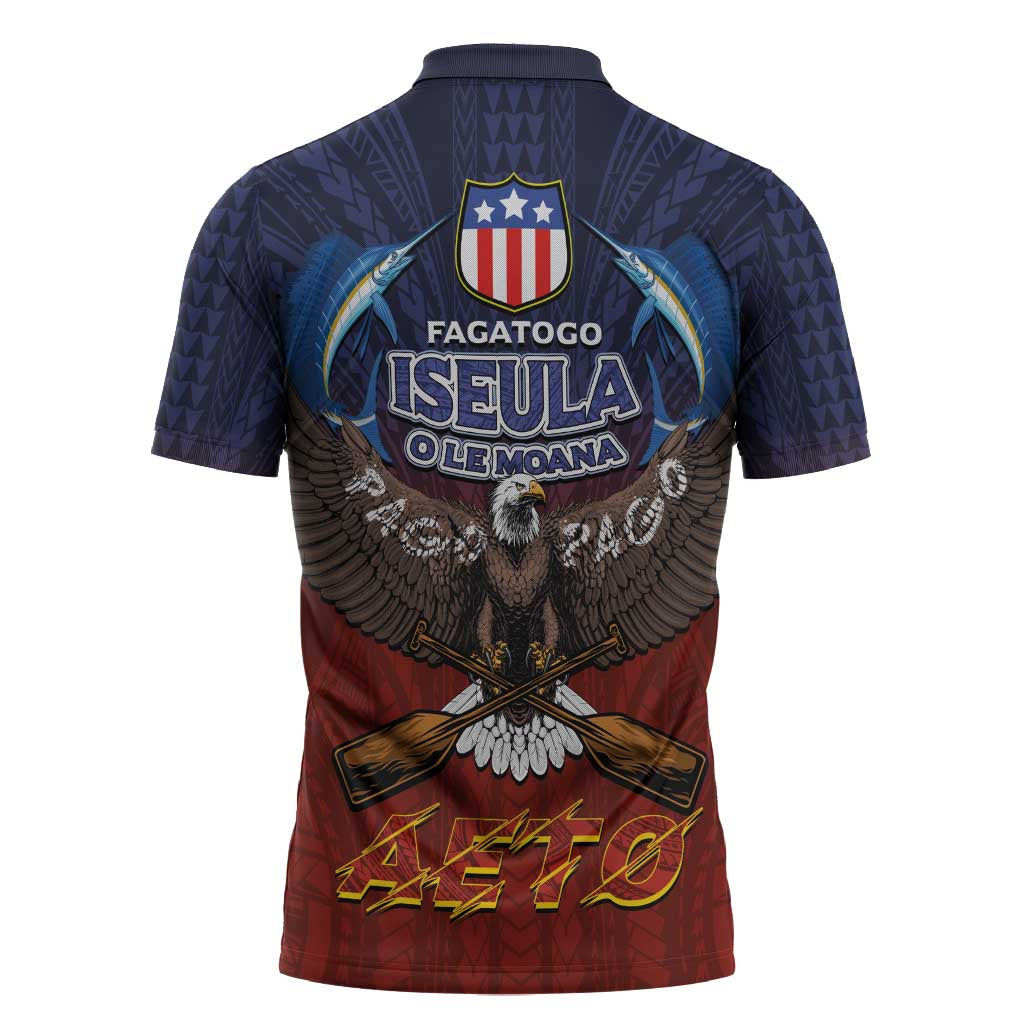 American Samoa Fautasi Zipper Polo Shirt Pago Pago Aeto and Iseula o le Moana of Fagatogo Red-Blue - Polynesian Pride
