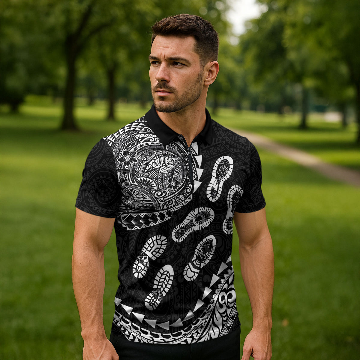 Hawaii Running Zipper Polo Shirt Polynesian Tribal Tattoo