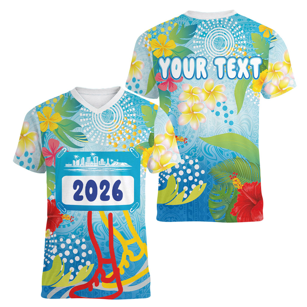 Personalized Hawaii Marathon Women V-Neck T-Shirt Polynesian Motif Tropical Style