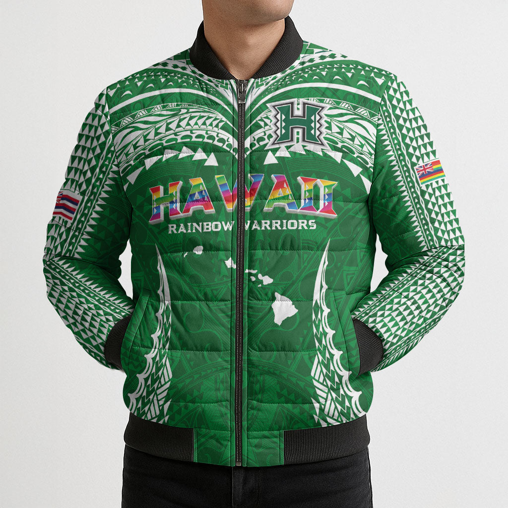 Custom Hawaii Rainbow Warriors Bomber Puffer Jacket Polynesian Motif Green Color