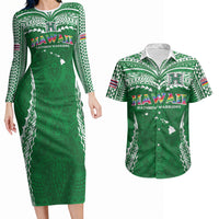Custom Hawaii Rainbow Warriors Couples Matching Long Sleeve Bodycon Dress and Hawaiian Shirt Polynesian Motif Green Color
