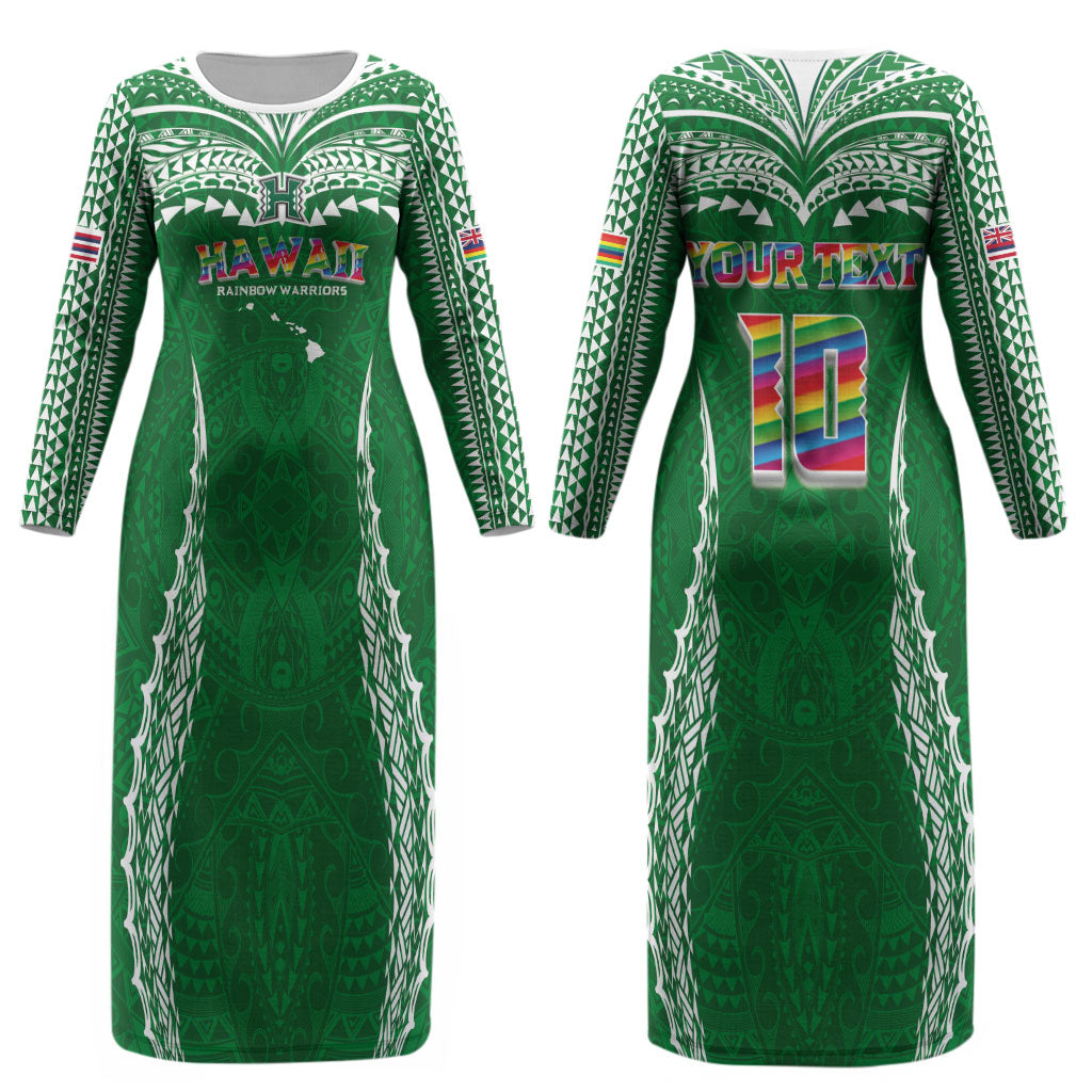 Custom Hawaii Rainbow Warriors Couples Matching Long Sleeve Bodycon Dress and Hawaiian Shirt Polynesian Motif Green Color