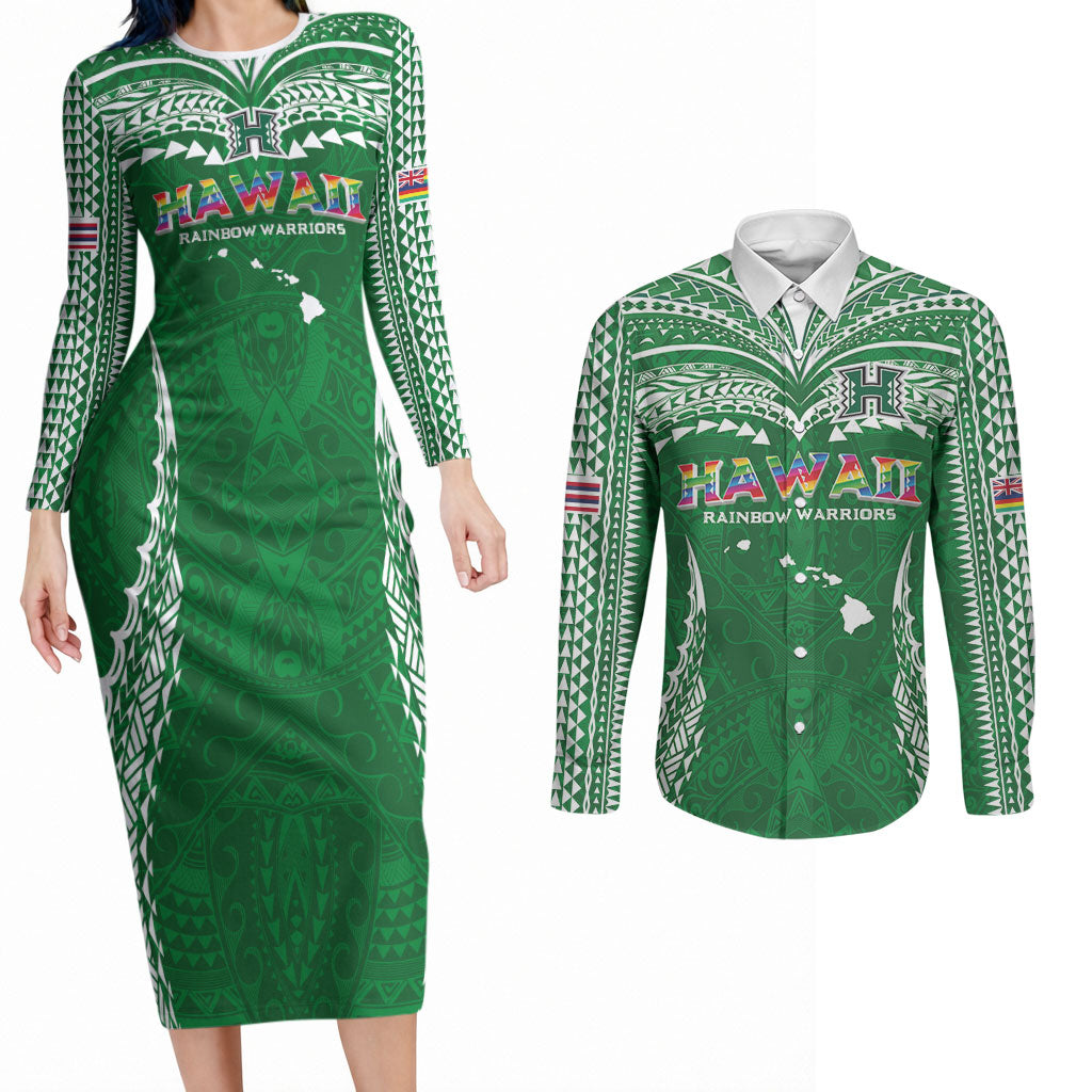 Custom Hawaii Rainbow Warriors Couples Matching Long Sleeve Bodycon Dress and Long Sleeve Button Shirt Polynesian Motif Green Color