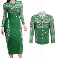 Custom Hawaii Rainbow Warriors Couples Matching Long Sleeve Bodycon Dress and Long Sleeve Button Shirt Polynesian Motif Green Color