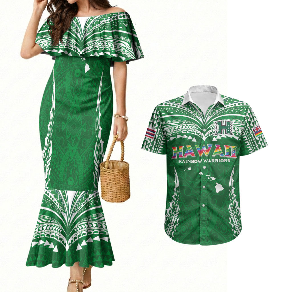 Custom Hawaii Rainbow Warriors Couples Matching Mermaid Dress and Hawaiian Shirt Polynesian Motif Green Color