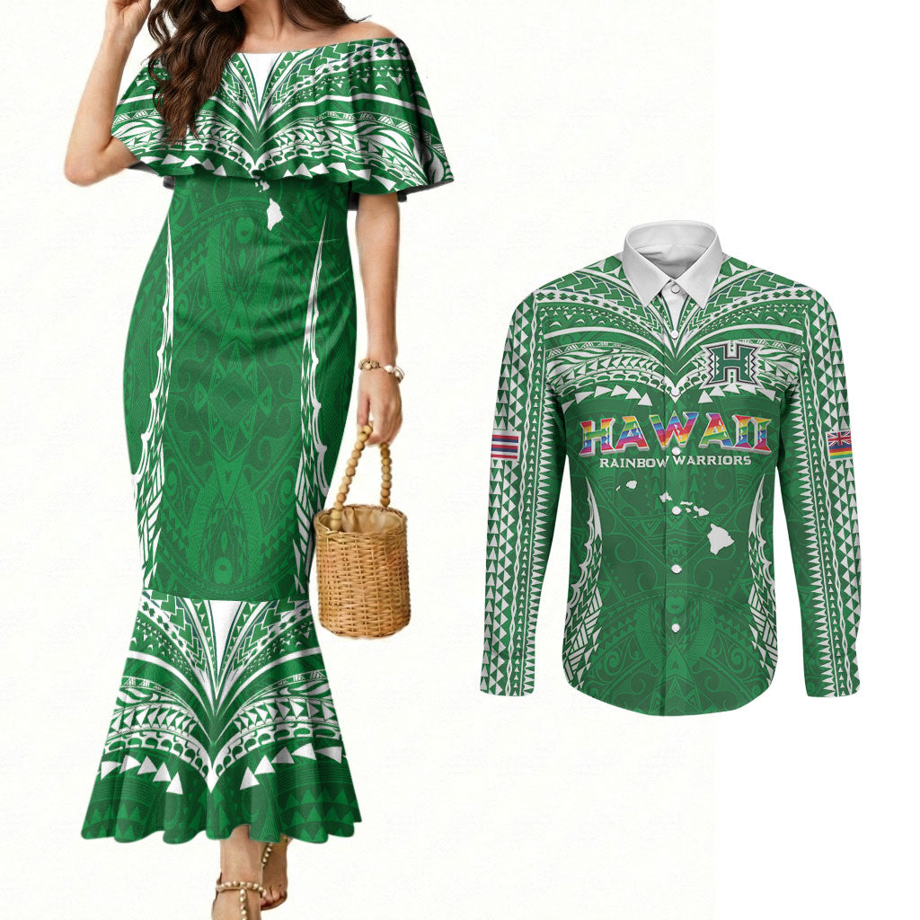 Custom Hawaii Rainbow Warriors Couples Matching Mermaid Dress and Long Sleeve Button Shirt Polynesian Motif Green Color