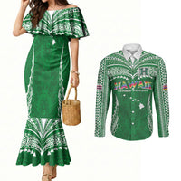 Custom Hawaii Rainbow Warriors Couples Matching Mermaid Dress and Long Sleeve Button Shirt Polynesian Motif Green Color