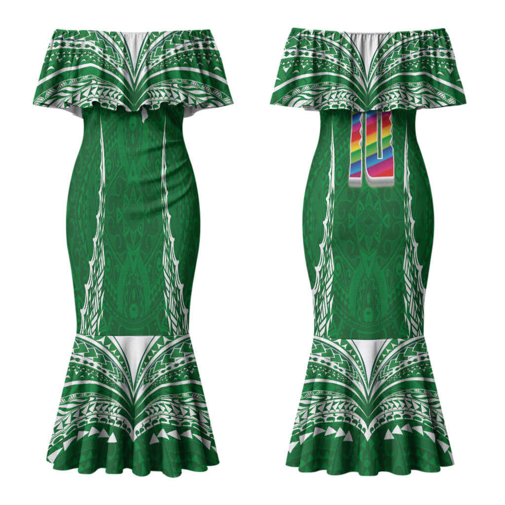 Custom Hawaii Rainbow Warriors Couples Matching Mermaid Dress and Long Sleeve Button Shirt Polynesian Motif Green Color