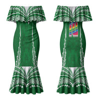 Custom Hawaii Rainbow Warriors Couples Matching Mermaid Dress and Long Sleeve Button Shirt Polynesian Motif Green Color