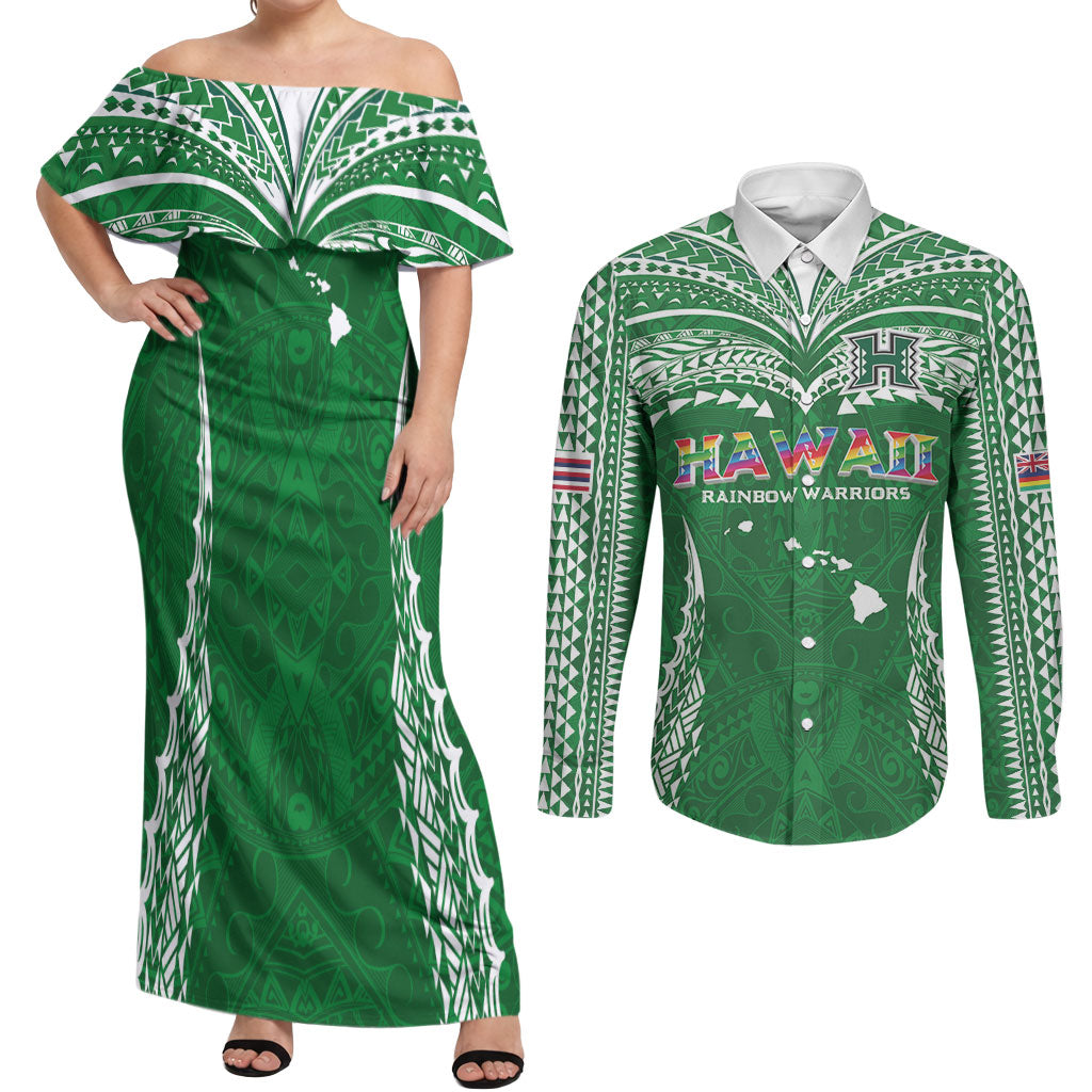 Custom Hawaii Rainbow Warriors Couples Matching Off Shoulder Maxi Dress and Long Sleeve Button Shirt Polynesian Motif Green Color