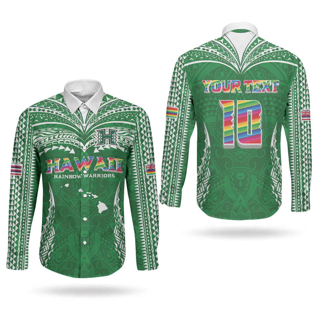 Custom Hawaii Rainbow Warriors Couples Matching Off Shoulder Maxi Dress and Long Sleeve Button Shirt Polynesian Motif Green Color