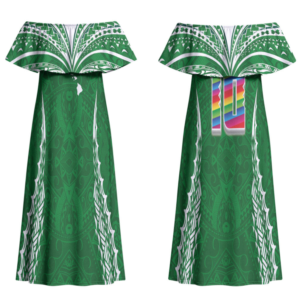 Custom Hawaii Rainbow Warriors Couples Matching Off Shoulder Maxi Dress and Long Sleeve Button Shirt Polynesian Motif Green Color